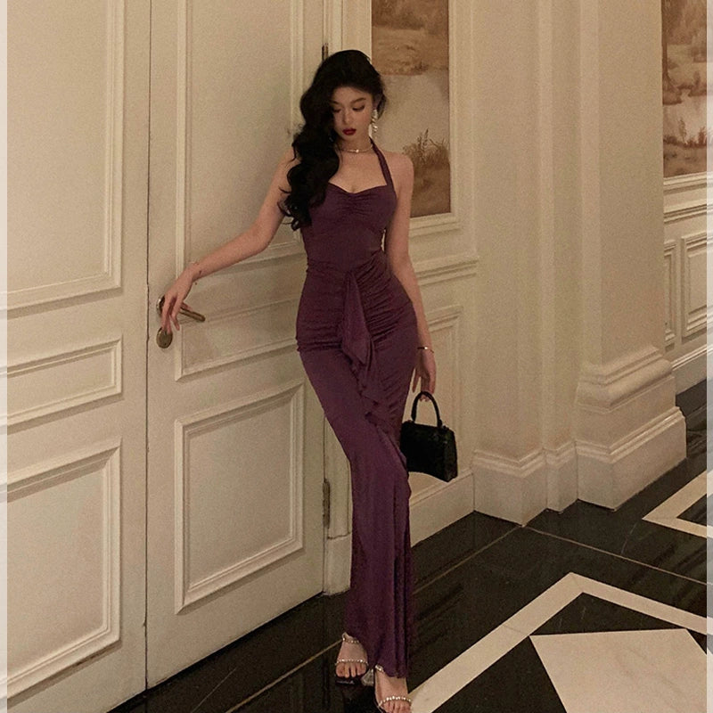 Purple halter neck suspender dress new sexy long party dress      S5580