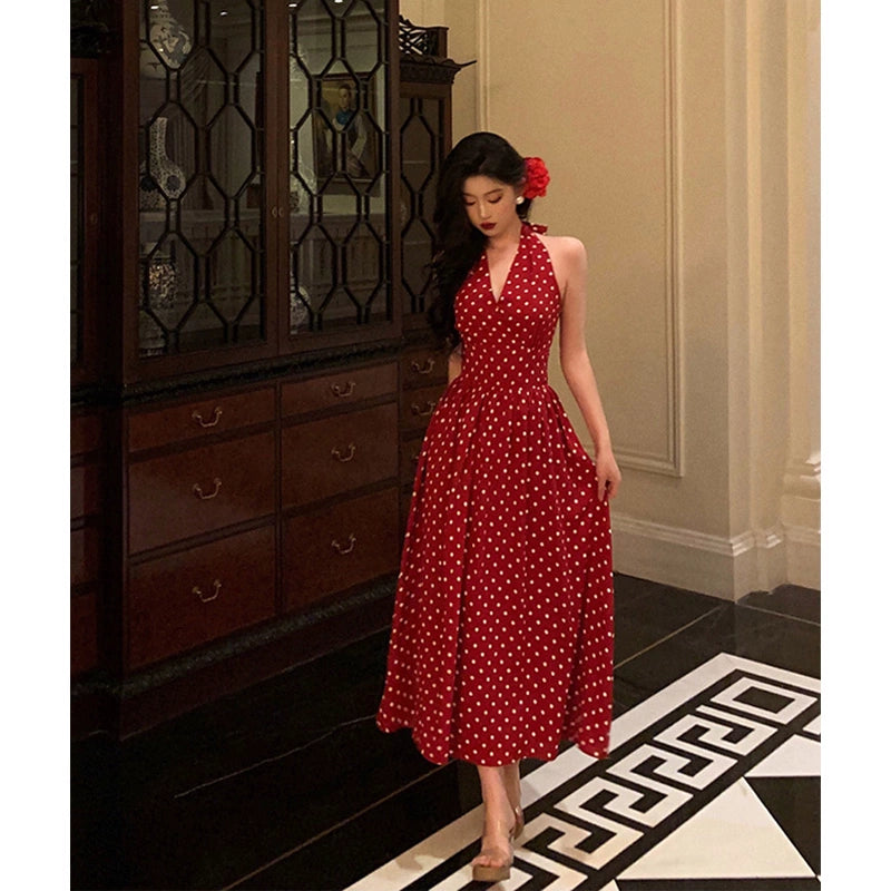 Hong Kong style halter neck polka dot dress new retro long dress party dress     S5540