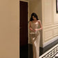 new style slit satin long dress party dress     S5704