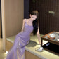 Purple satin v-neck dress for women long A-line party dress    S5916