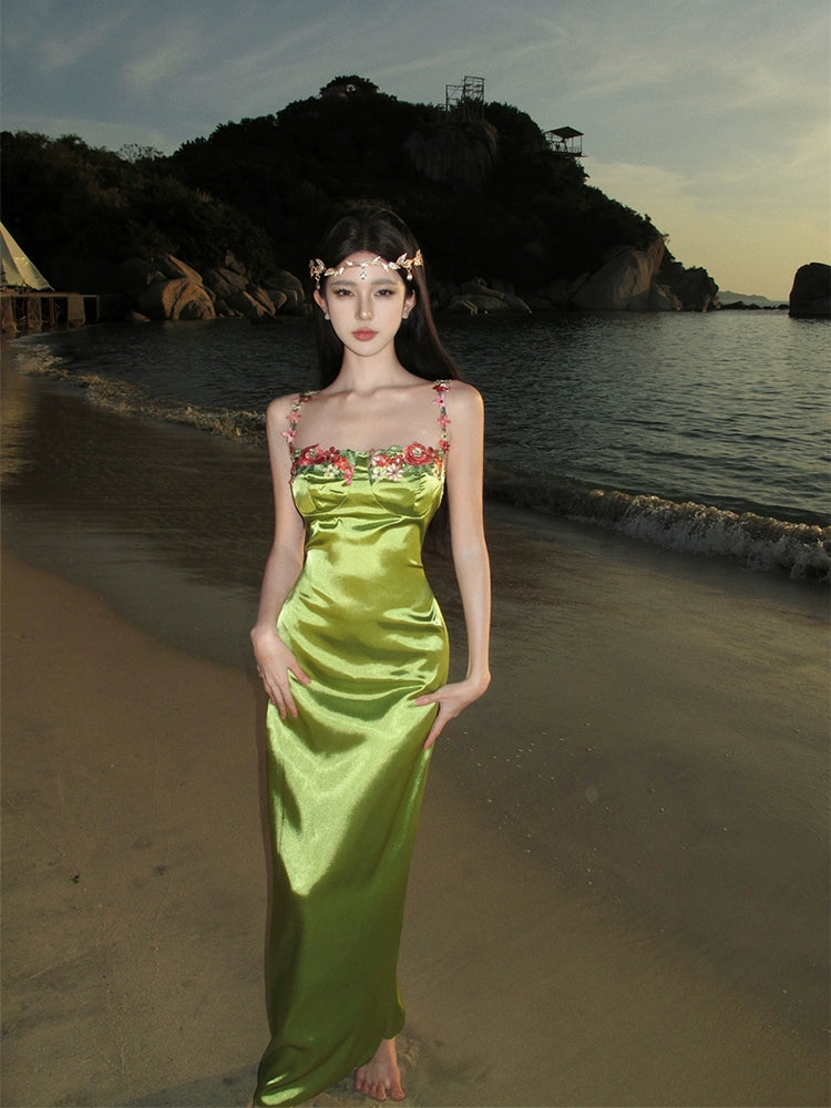 Green long dress women's summer long party dress    S5864