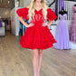 Off-the-Shoulder Ruffles Puff Sleeves Homecoming Dress      S2831