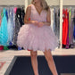 Pink V Neck Sleeveless Sequined Ruffles A-line Homecoming Dress     S2856