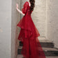 Chic Wine Red High Low Short Sleeves Party Dress, Wine Red High Low Homecoming Dress     S2558