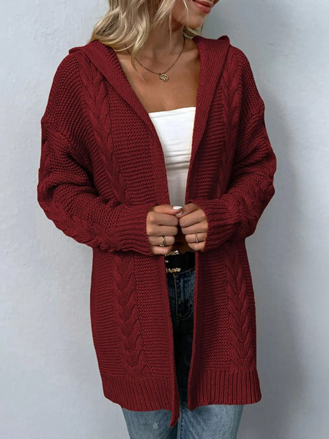 Women's Sweater Cardigan Cable-Knit Longline Hooded Cardigan     S2779