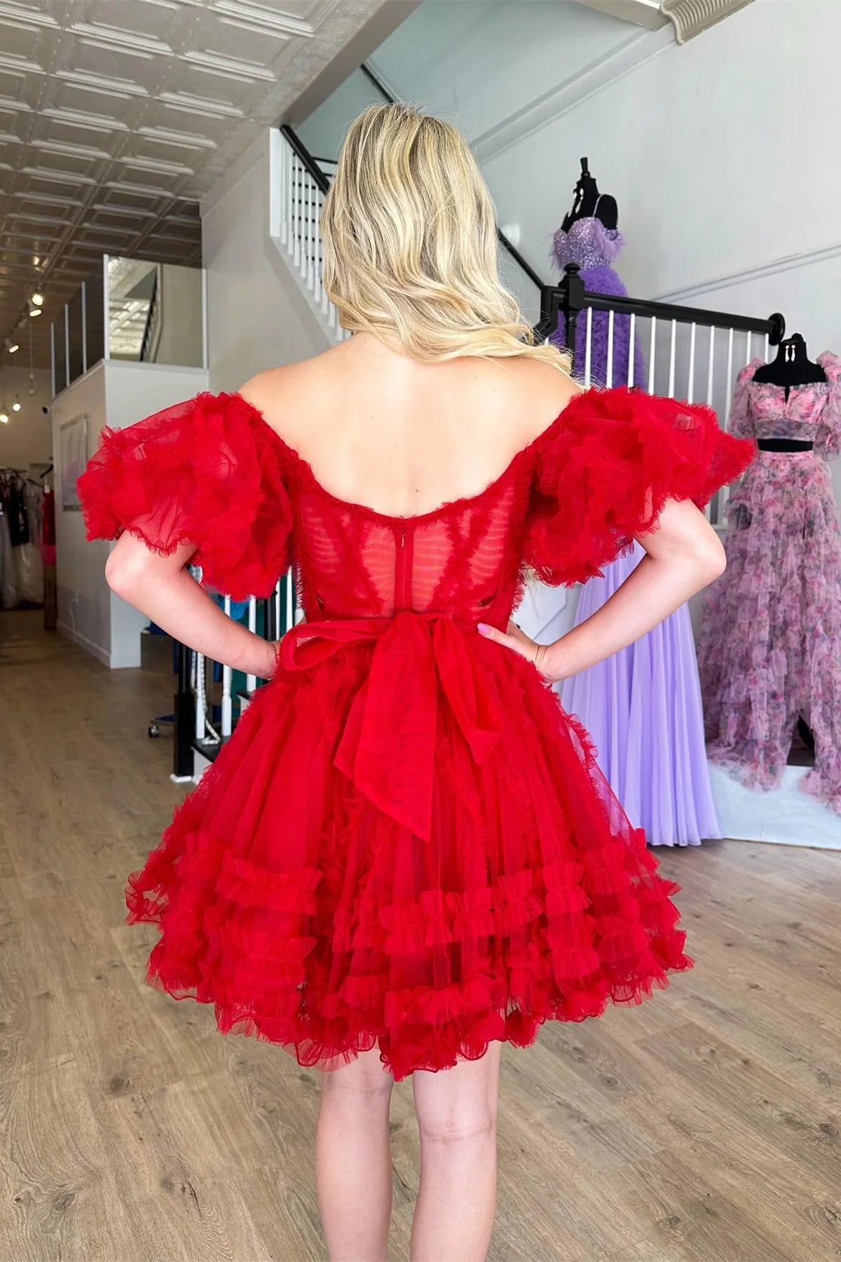 Off-the-Shoulder Ruffles Puff Sleeves Homecoming Dress      S2831