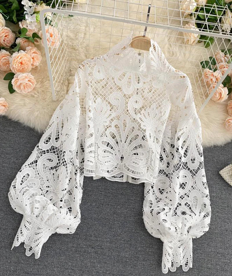 Stylish hollow lace top puff sleeve top     S2537