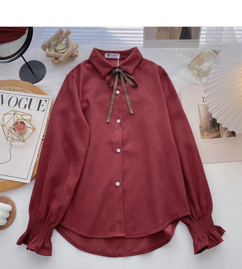 Collegiate lace up Lapel shirt casual long sleeve top     S2535