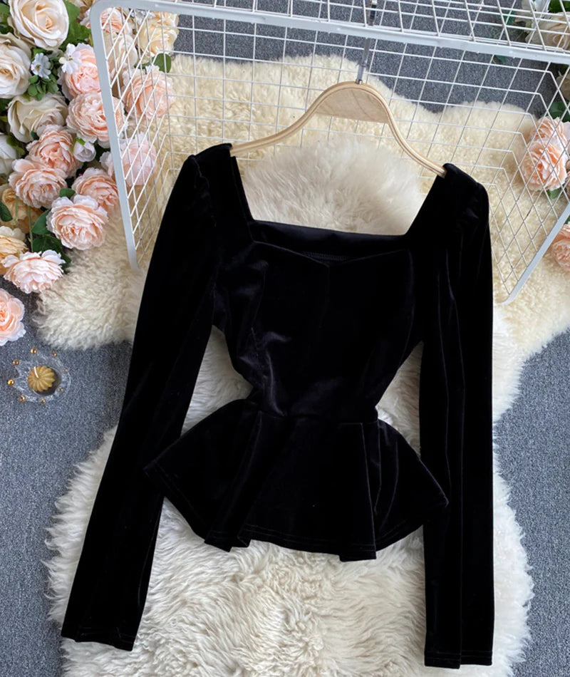 Simple velvet long sleeve tops    S2539