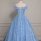 A-Line Sweetheart Neck Velvet Sequin Blue Long Prom Dress, Blue Formal Dress       S3833