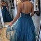 Long Prom Dresses A Line Blue Tulle Lace Appliques Formal Evening Dresses      S4052