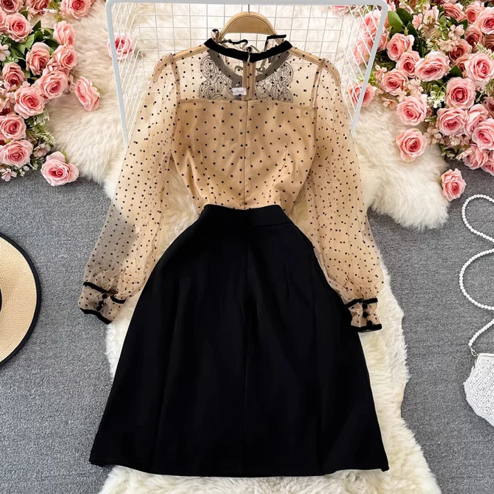 Autumn Bowknot Stand Collar Polka Dot Lace A Line Dress      S4939