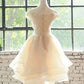 Champagne Lace Tulle Short Prom Dress, Homecoming Dress      S3523