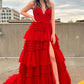Pink V-Neck Tulle Long Ball Gown      S1373