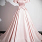 Pink Satin Short Sleeves A-line Long Party Dress, Pink Satin Prom Dress        S7171