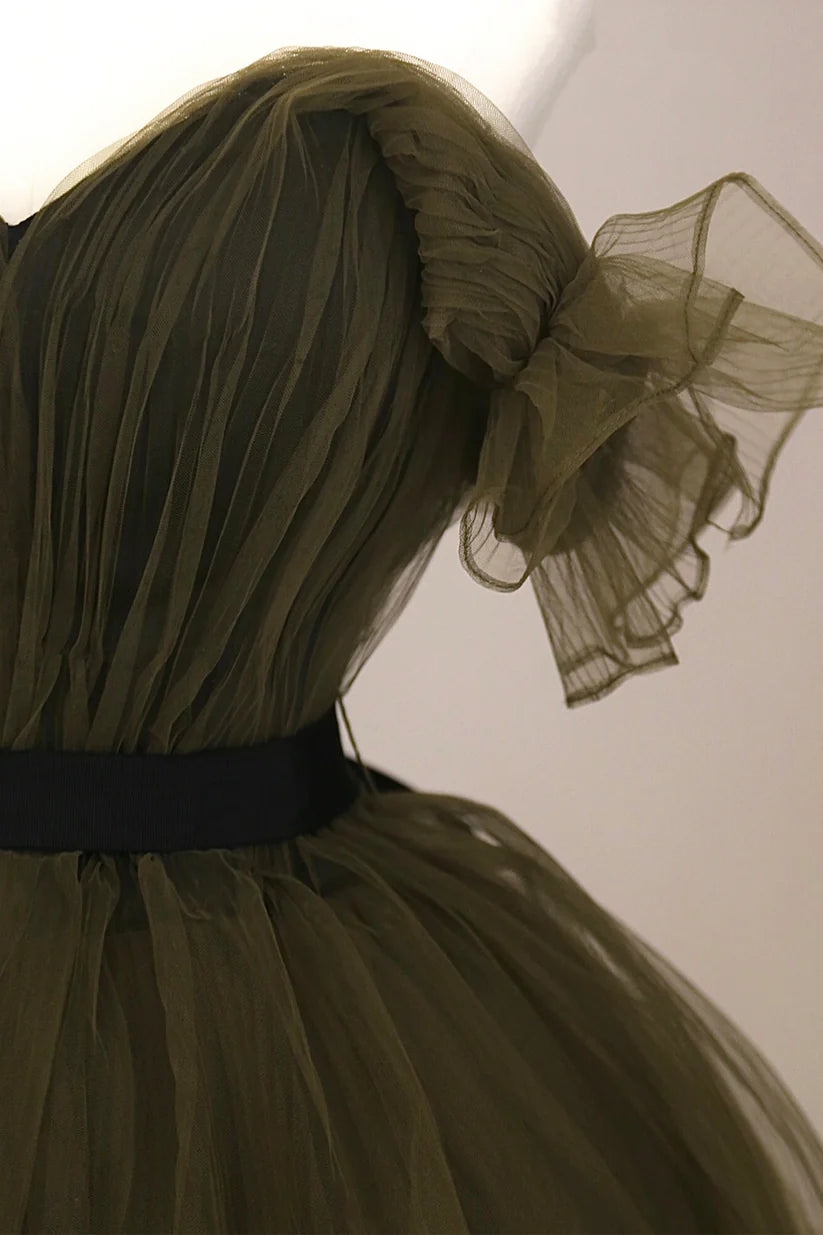 Green Tulle Long A-Line Prom Dress, Elegant Sweetheart Neck Evening Party Dress  S7315