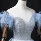 Blue Tulle Beads Long Prom Dress, Elegant A-Line Evening Party Dress       S7313