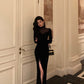 Black mesh splicing dress evening dress    S5503