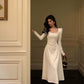 White square neck dress for women new style pleated waist party dress     S5584