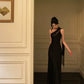 Black one-shoulder ribbon dress women evening party dress    S5508