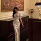 Gentle style V-neck printed dress for women evening dress    S5502