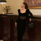 Sexy square neck velvet dress for women new style lace splicing black dress    S5554