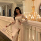 French long-sleeved floral dress for women new sexy square neck slit long dress     S5531