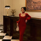 Red scarf knitted dress new retro square neck dress     S5534