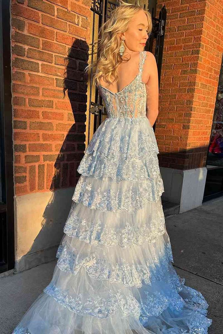 Light Blue Corset Lace Tiered Tulle Long Formal Dress         S2496