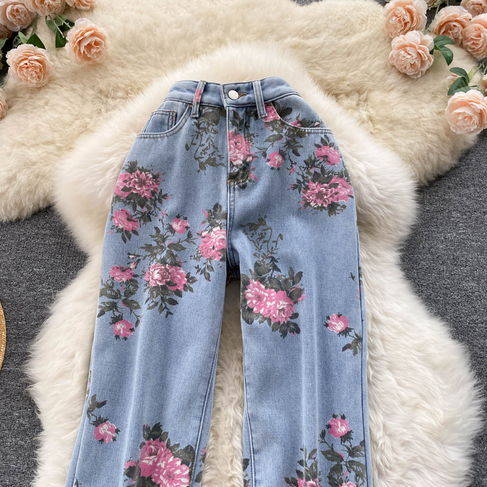 Blue printed denim trousers    S462