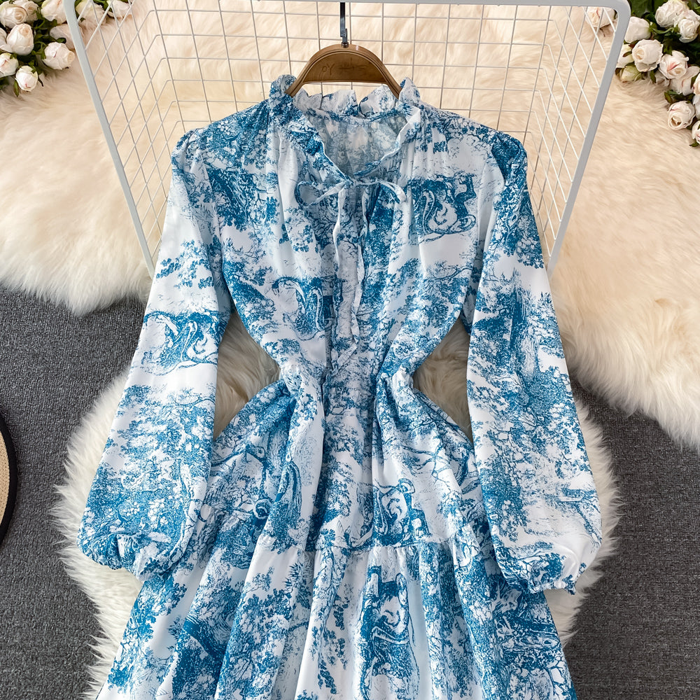 A line long sleeve floral dress fashion dress    S264