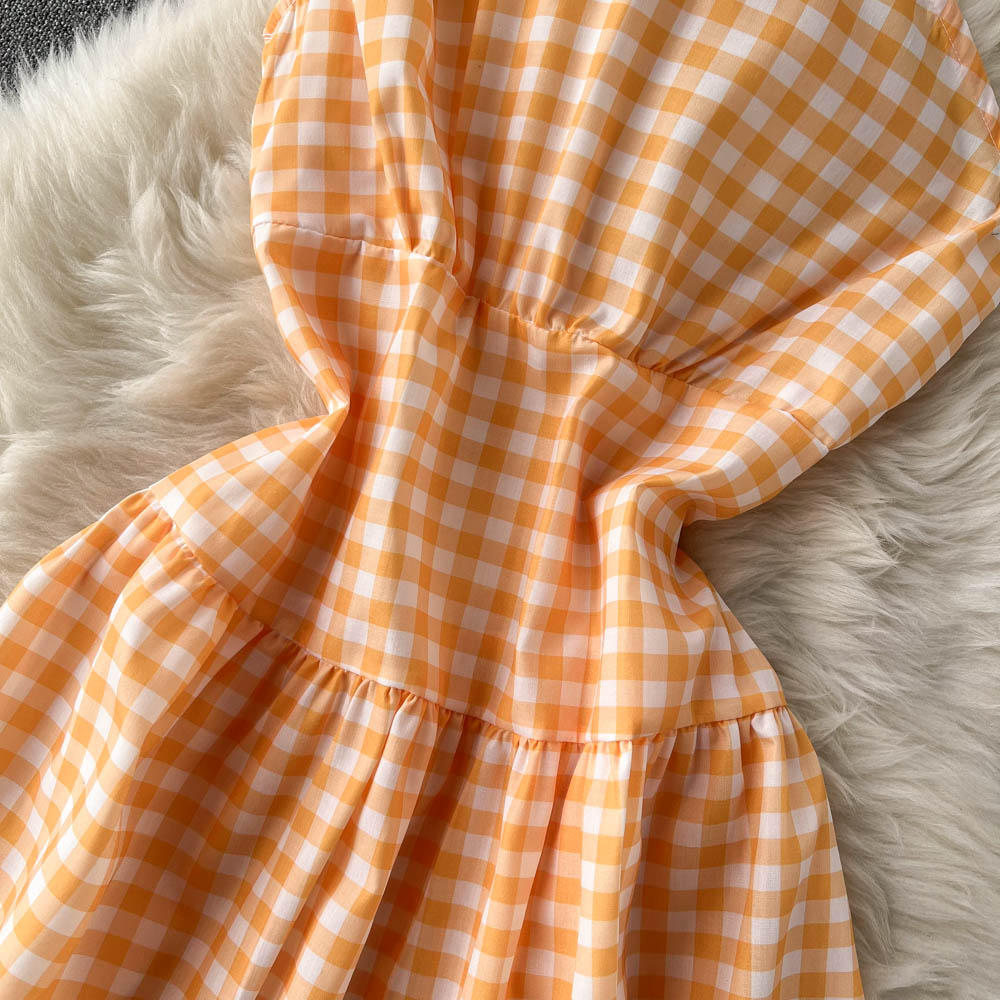 Sweet plaid one-shoulder dress A line fashion dresses     S457