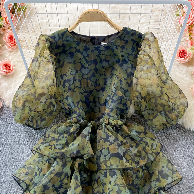 Cute tulle floral short dress green fashion dress    S240