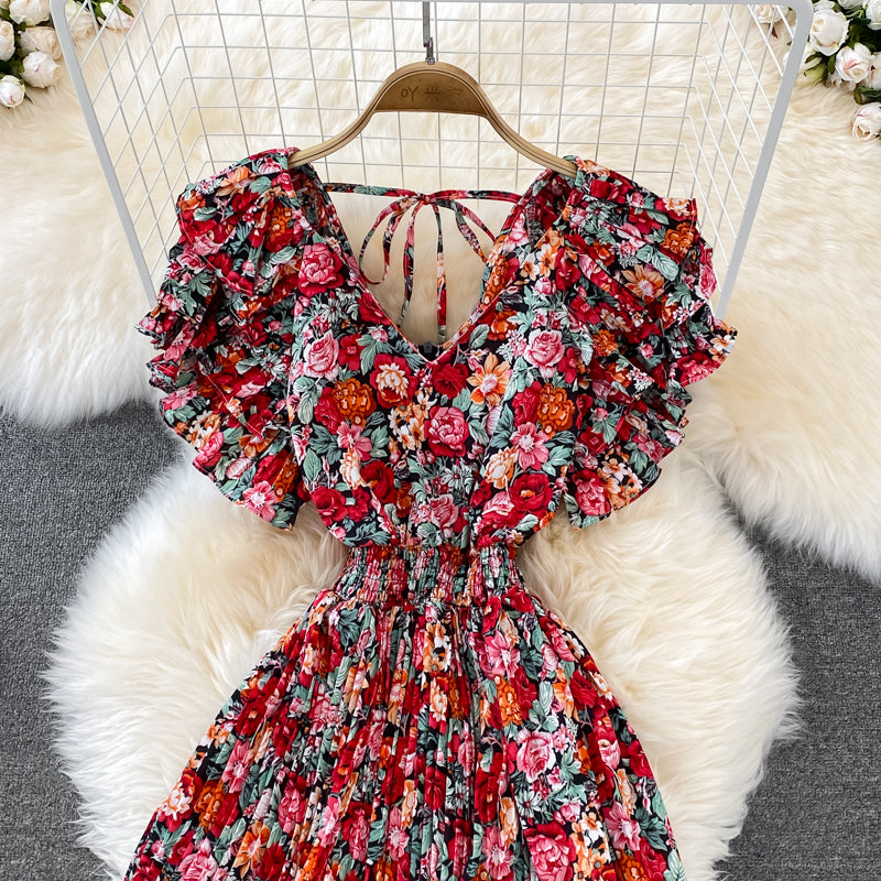 Cute v neck floral dress A line short dress   S445