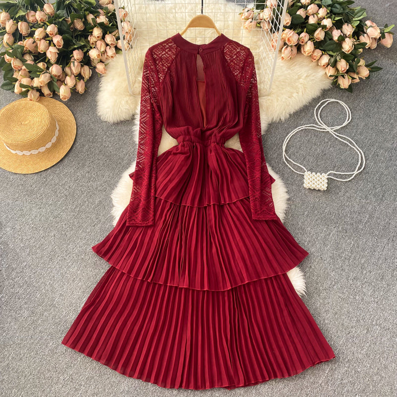 A line chiffon lace long sleeve dress fashion dress    S243