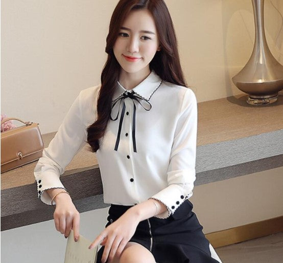 Cute Bow Knot White Long Sleeve Chiffon Blouse       S546