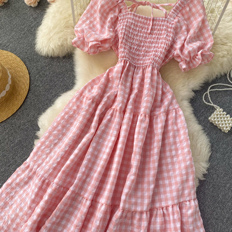 Sweet Plaid Short Sleeve Dress A line Fahion Dress    S460