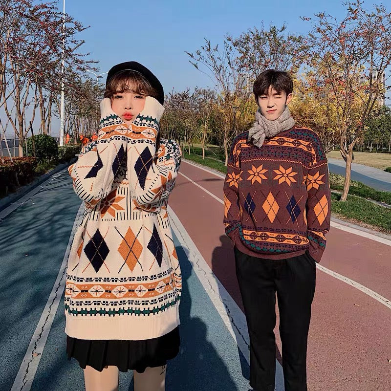 Cute round neck diamond long-sleeved sweater Couple sweater     S256