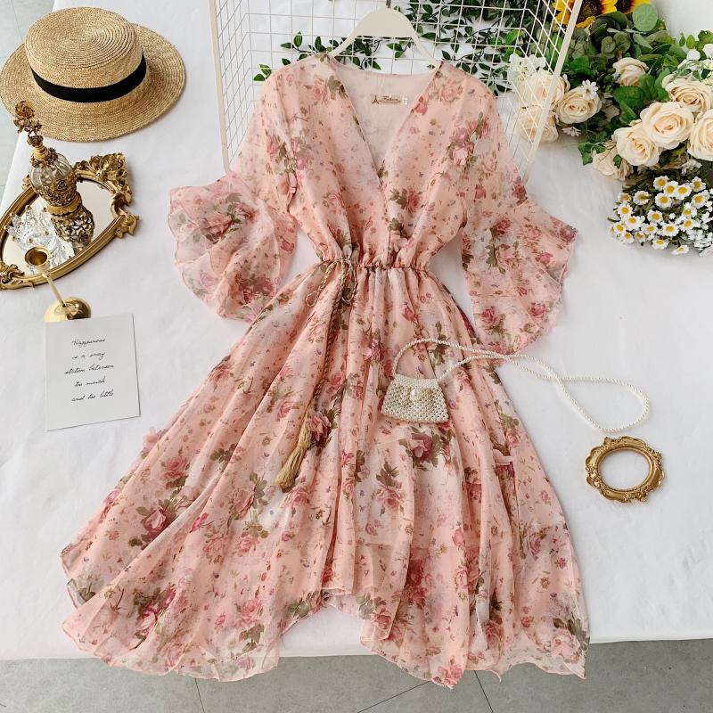 A line v neck floral dress fashion dress S01