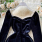 Black velvet long sleeve dress    S128