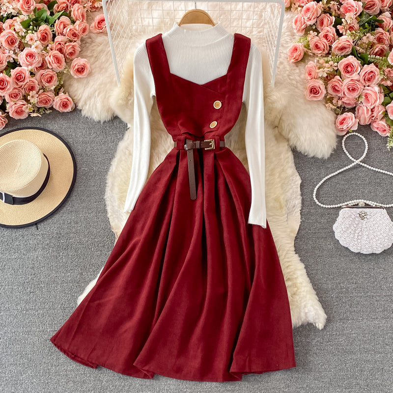 Retro suspender skirt, waist and corduroy dress, two-piece stand-up collar knitted bottoming shirt  S88