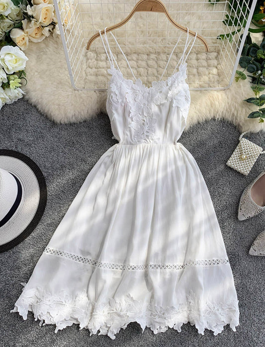 White lace applique backless dress girl dress   S72