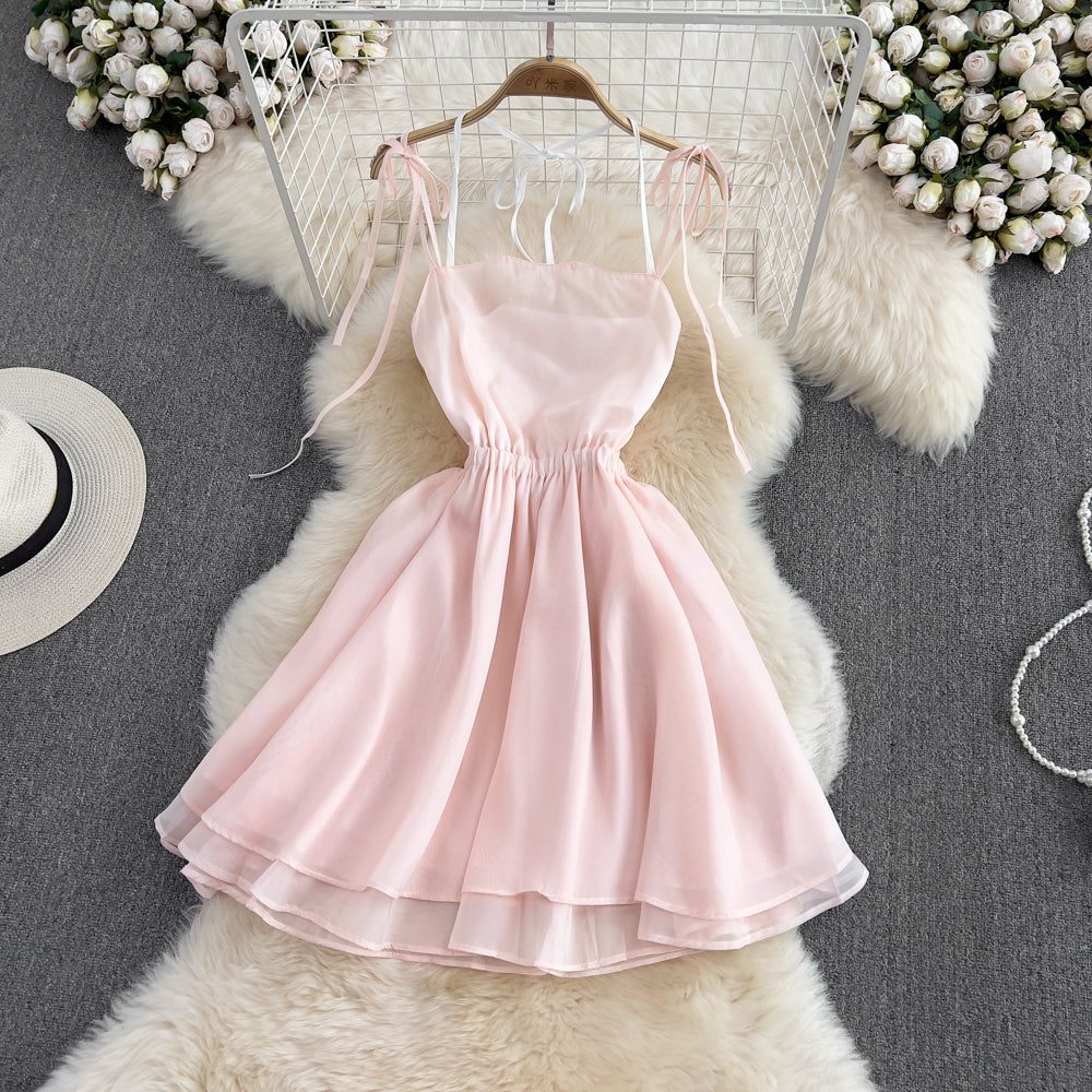 Pink tulle short backless dress fashion girl dress    S335