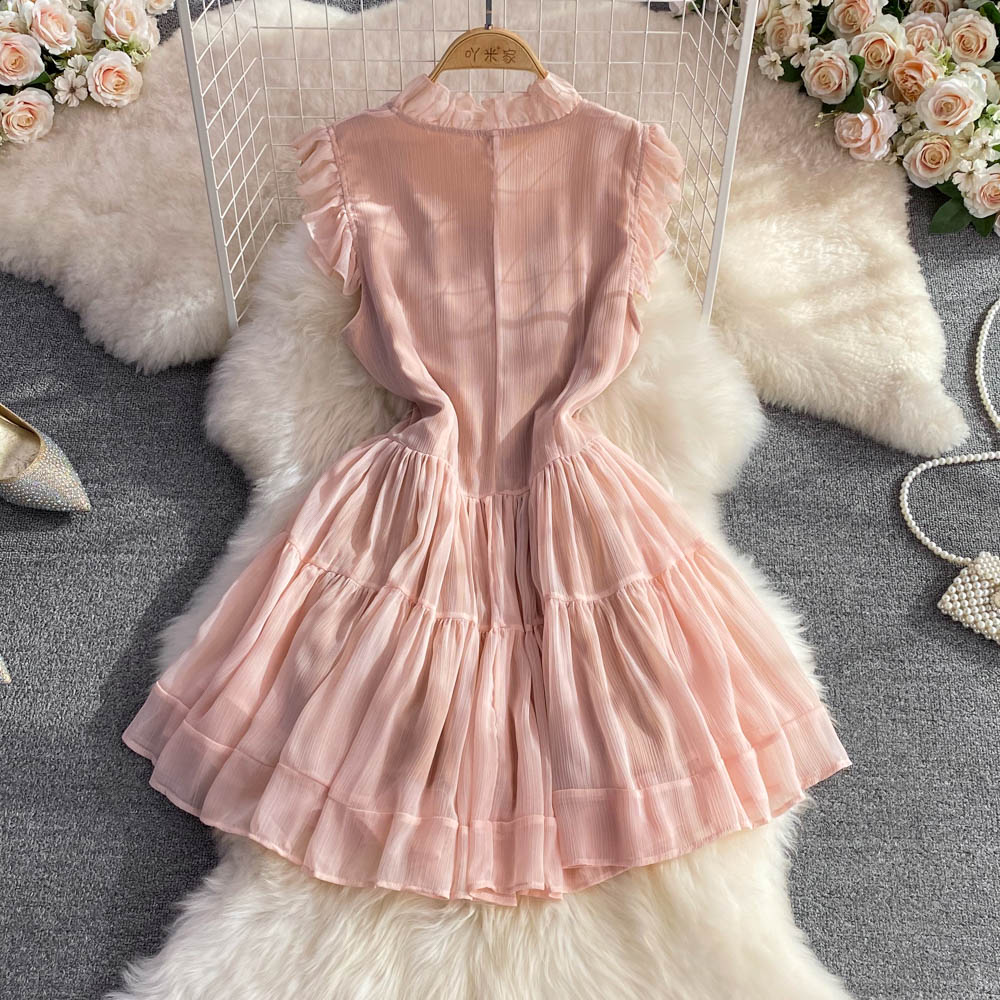 Pink v neck tulle short dress fashion dress   S334