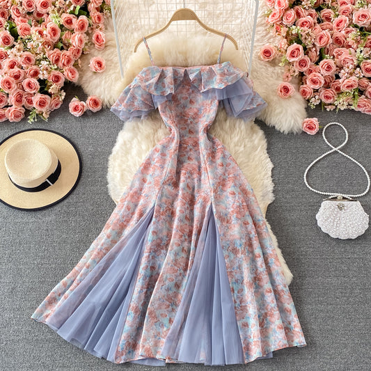 Cute floral A line off shoulder dress fashion dress S04