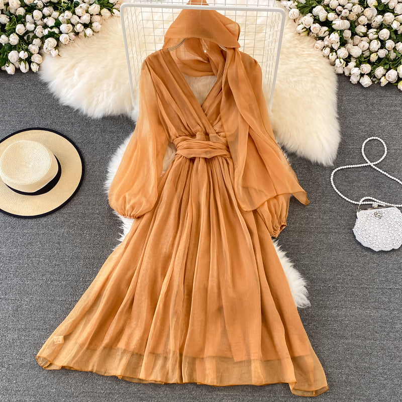 Cute v neck soft chiffon dress fashion girl dress and scarf     S274