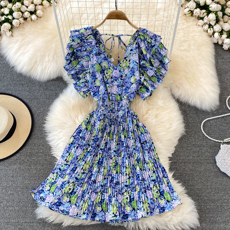 Cute v neck floral dress A line short dress   S445