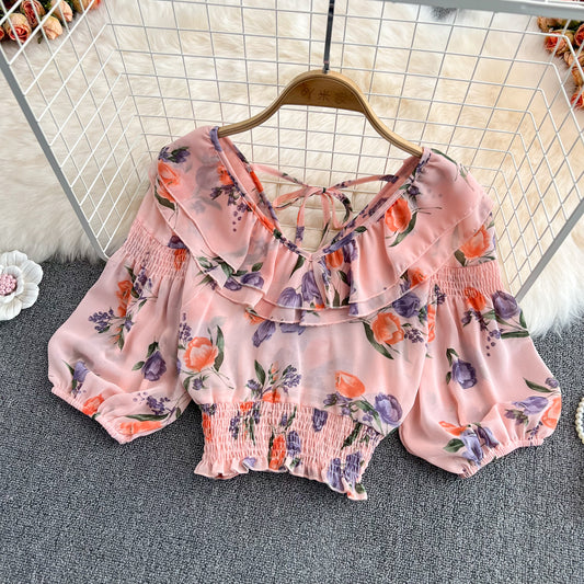 Cute v neck chiffon tops crop tops   S267