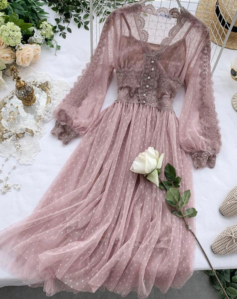 A line tulle lace long sleeve dress fashion dress   S108