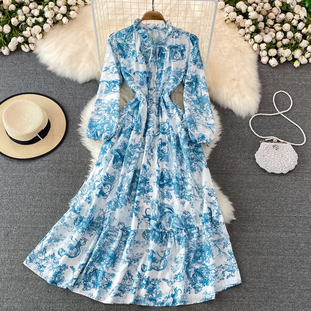 A line long sleeve floral dress fashion dress    S264